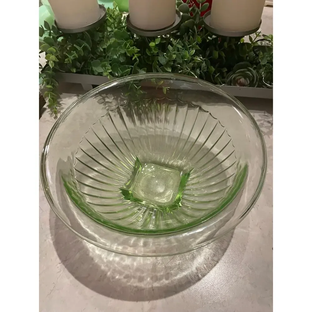 Vintage Hazel Atlas Ribbed Green Uranium Small bowl c1930 MCM 9x4 Glows.